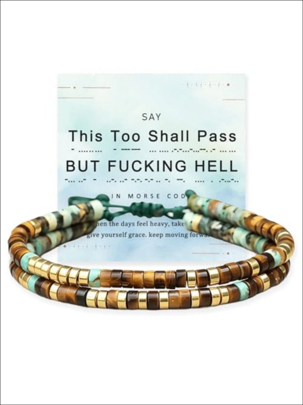 Morse Code Wrap Bracelet Tiger Eye Turquoise Double Layer Beaded